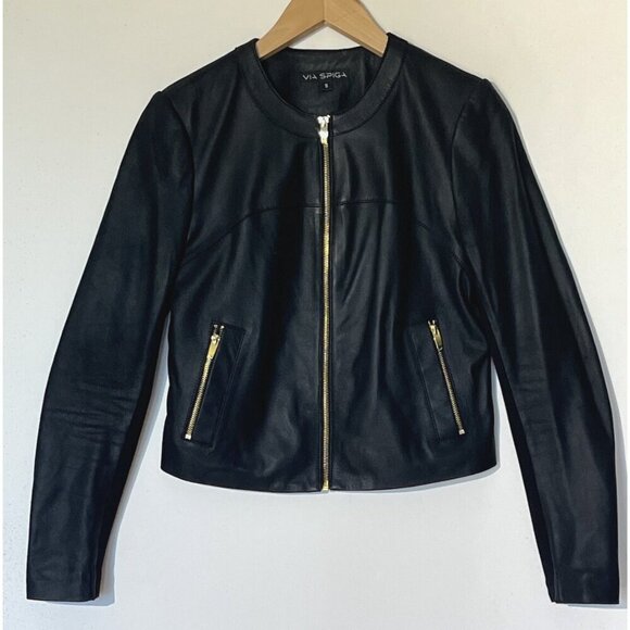 New Via Spiga Black Leather Stretch Fabric Combo Zip Moto Jacket - Picture 2 of 13